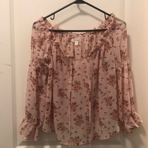 Light coral and peach and brown floral blouse.